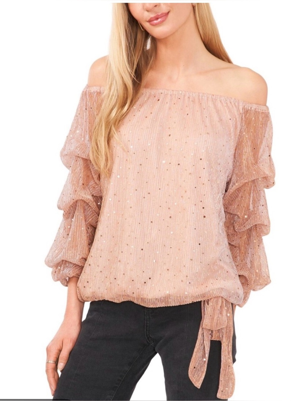 Vince Camuto Womens Off Shoulder Gold Sparkle 3/4 Balloon Sleeve Blouse
